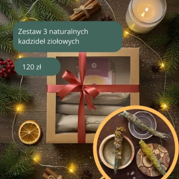 Magiczny zestaw kadzideł słowiańskich w świątecznym opakowaniu przewiązany ozdobną wstążką.