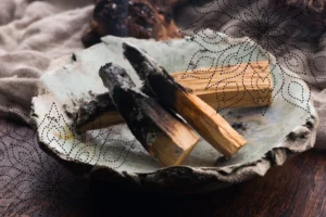 Tlące się drewienko palo santo ułożone na ceramicznej podstawce
