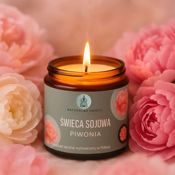 mala-swieca-sojowa-piwonia-120-ml naturalna-swieca-sojowa-o-zapachu-piwonii-w-szklanym-ciemnym-pojemniku-drewniany-zapalony-knot-w-tle-kwiaty-piwonii-120-ml