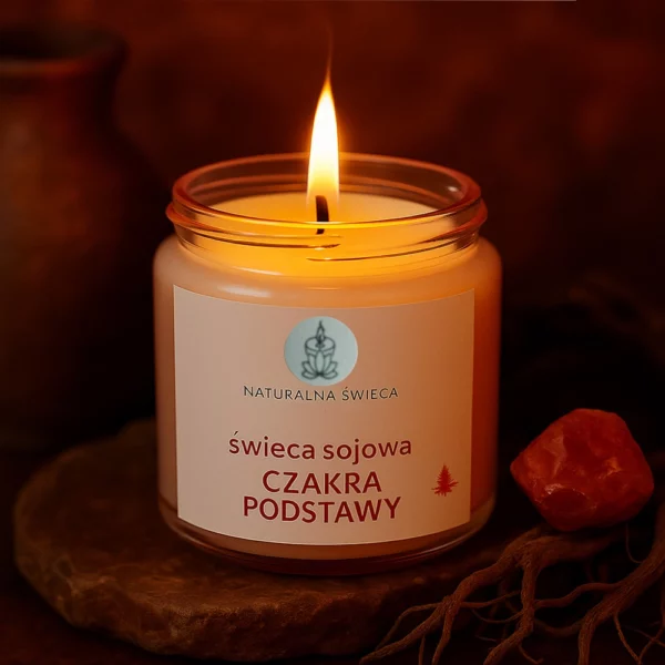 swieca-sojowa-czerwona-czakra-podstawy naturalana-swieca-sojowa-balansujaca-czakre-podstawy-czerwony-wosk-w-szkalnym-sloiczku-zapalony-knot-nastrojowe-ciemne-tlo