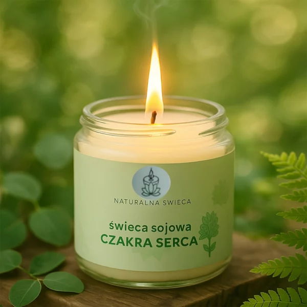 naturalna-swieca-sojowa-wspierajaca-czakre-serca-w-szklanym-sloiczku-wosk-w-kolorze-zielonym-na-tle-zielonych-lisci